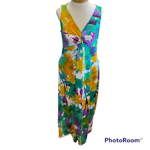 Slinky Brand Medium Maxi Dress Sleeveless Floral Watercolor Brush Print Stretch - Picture 4 of 13